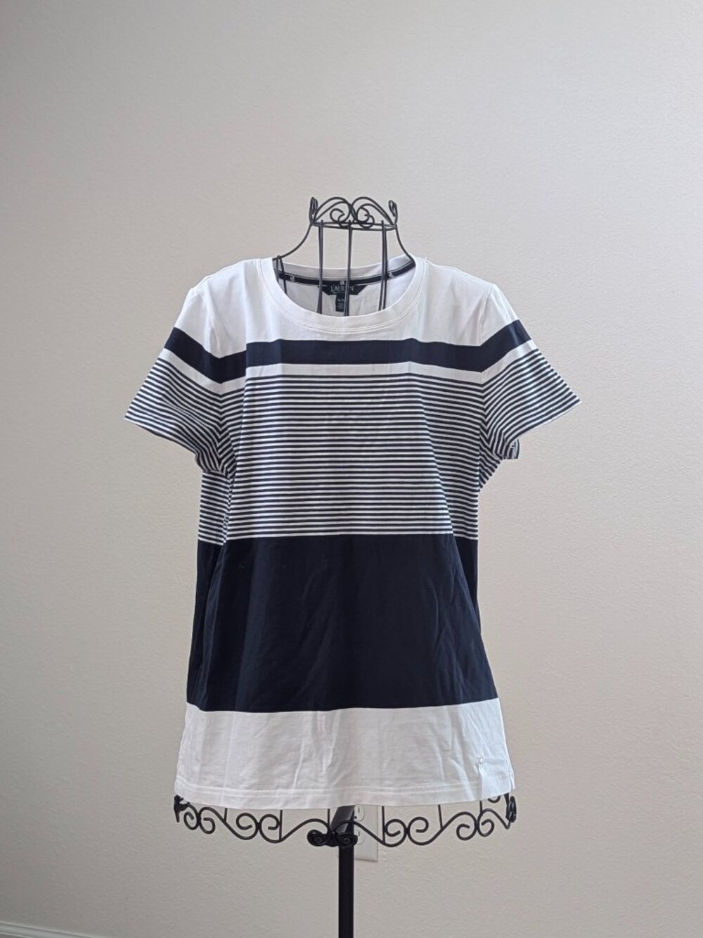 NWOT Lauren Ralph Lauren XL Navy White Striped Colorblock Cotton Top